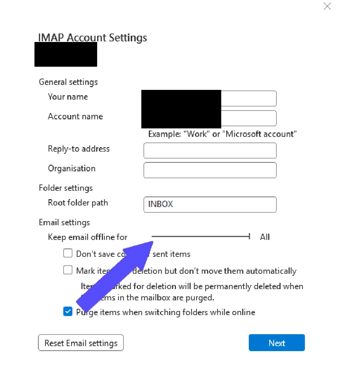 Feld „Root folder path" mit dem Eintrag INBOX in den Kontoeinstellungen