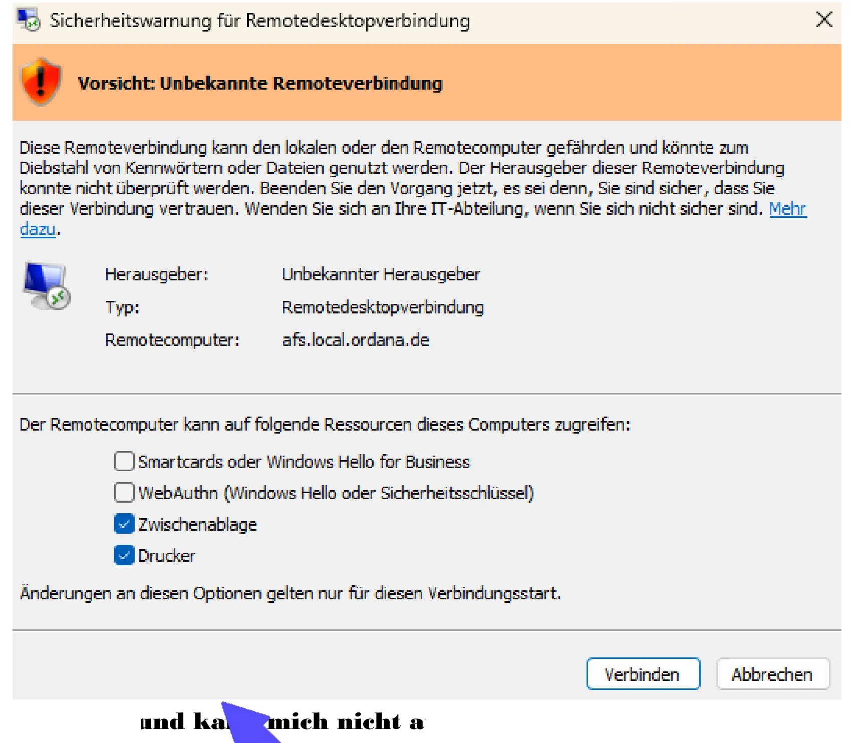 Sicherheitswarnung für Remotedesktopverbindung mit den Optionen Zwischenablage und Drucker