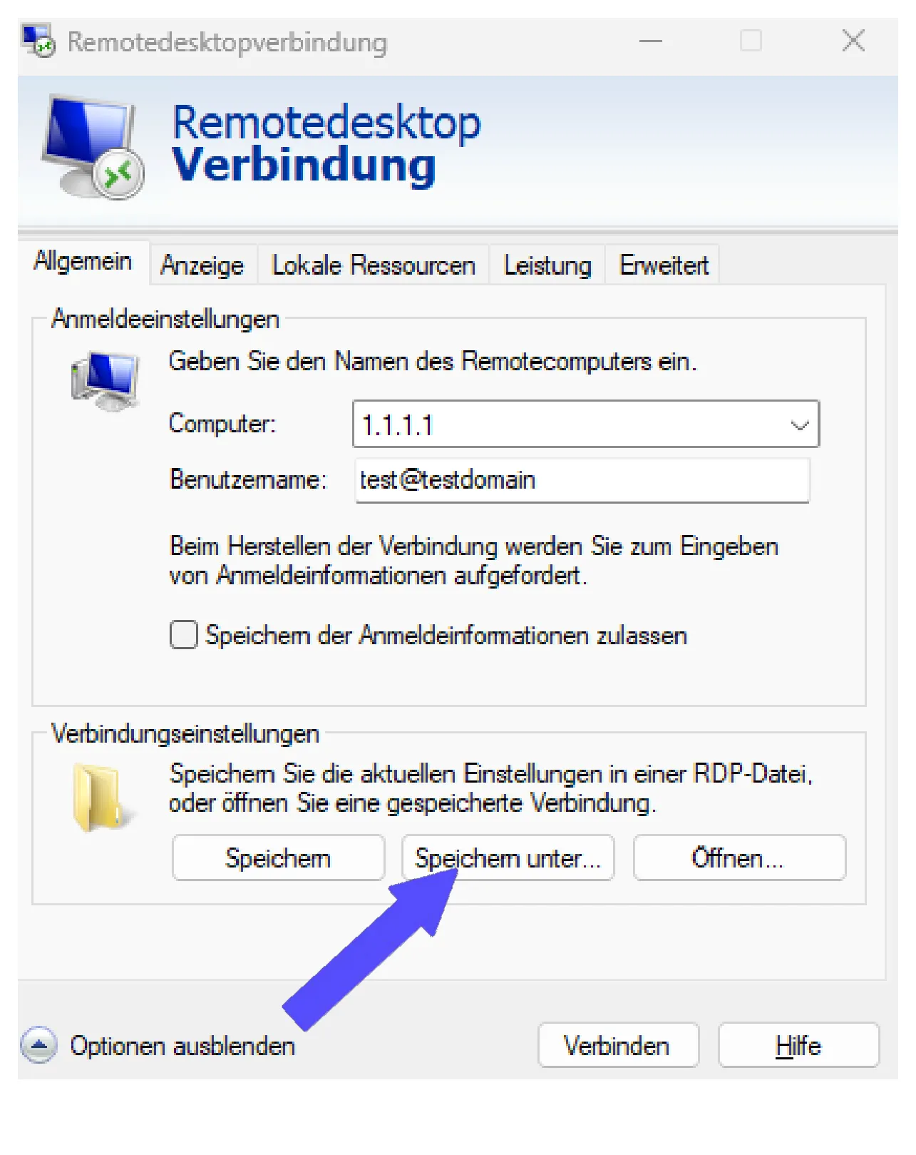 Dialog „Remotedesktopverbindung" mit dem Button „Speichern unter"