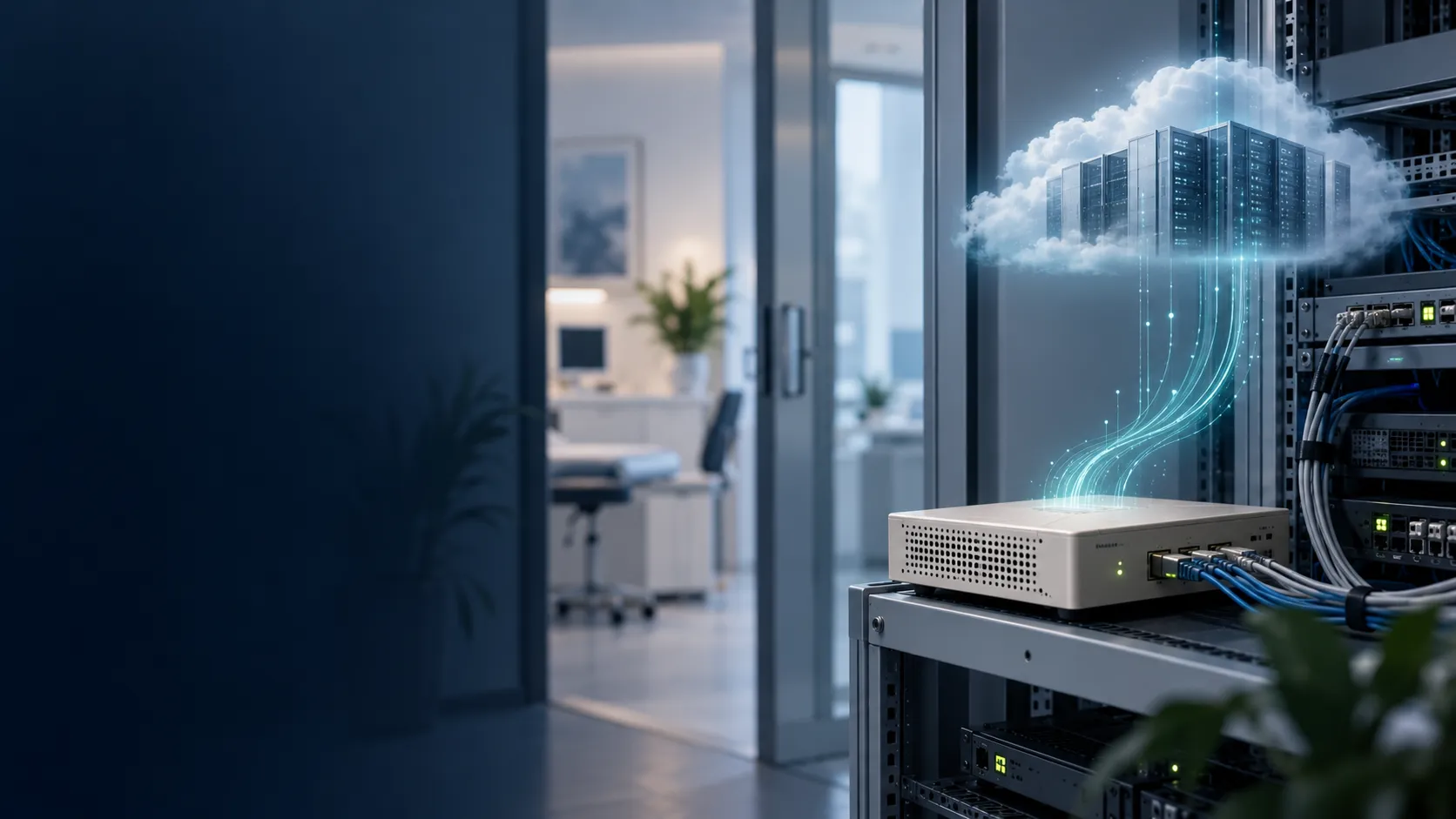 Symbolbild: TI-Konnektor im Serverschrank, verbunden mit einer Cloud-Infrastruktur, Praxis im Hintergrund